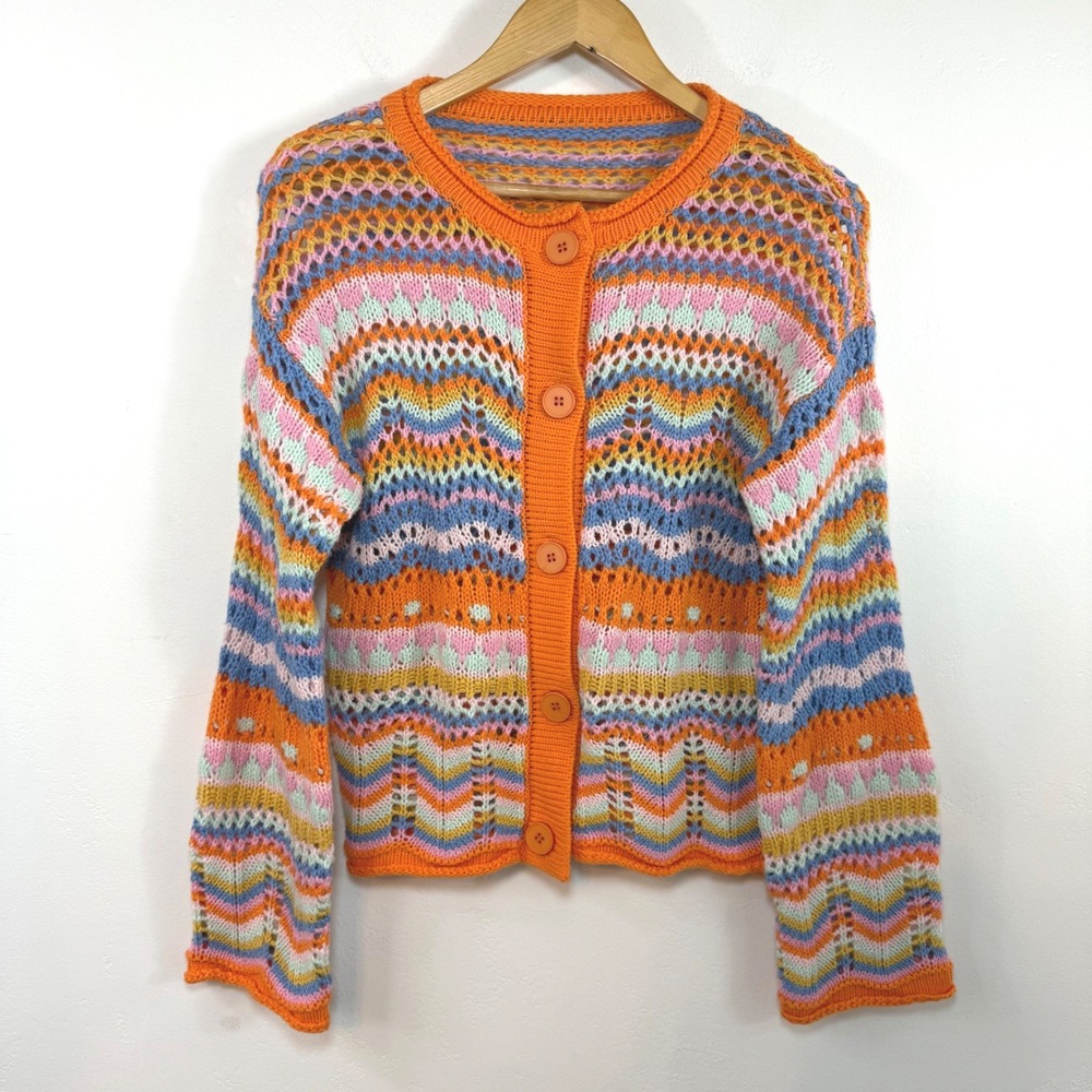 Rainbow Crochet Knit Cardigan Orange Blue Chevron Boho Festival Summer Sz S / M